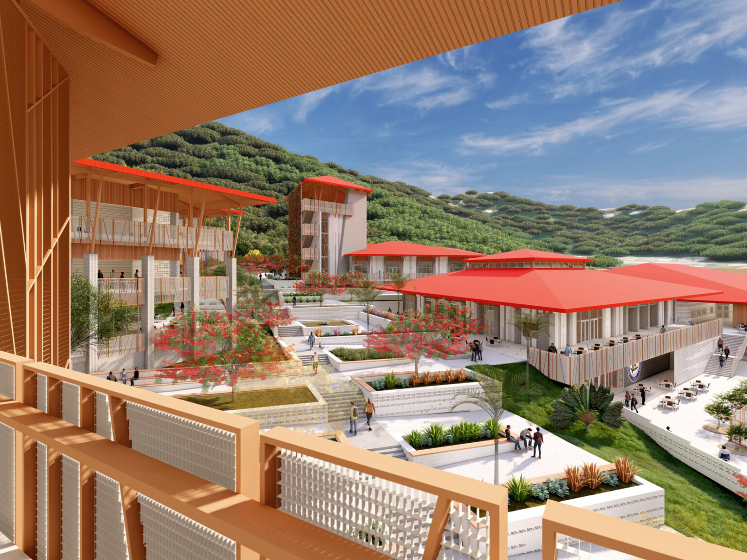 Balcony overlooking walkway in courtyard. Stone steps and planters surrounded by buildings with red overhanging canopies