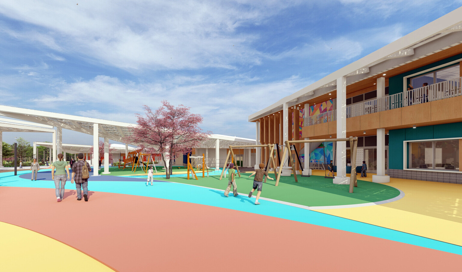 Multicolor stripes on path with swings to right in front of 2 story building with balcony and white columns. Sunscreen left