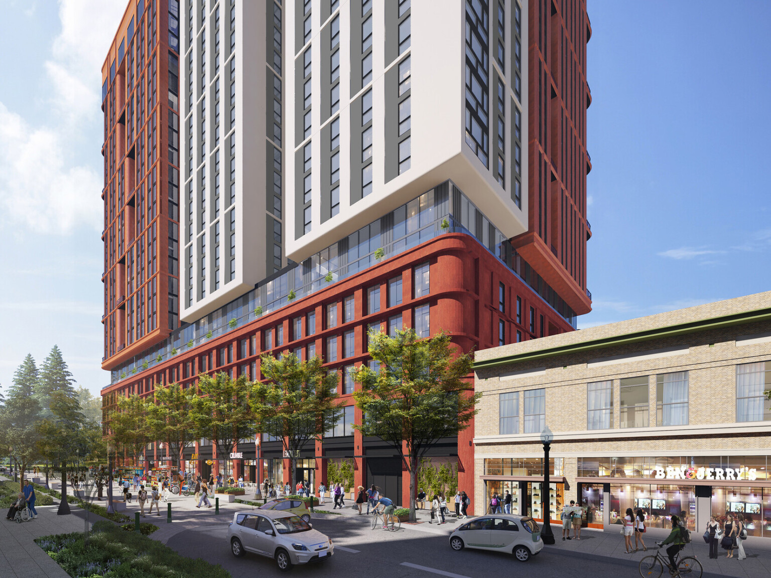 The HUB at Berkley, a mixed use higher education facility. Multistory tall building in brown and white with large windows