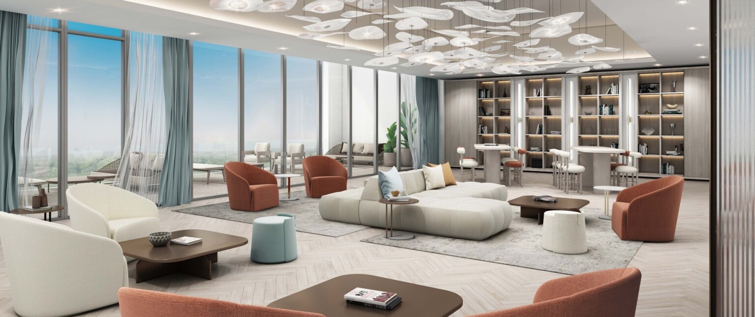 Interior with mixed seating and built in illuminated bookshelves. Floor to ceiling window left wall to balcony. Abstract hanging sculpture