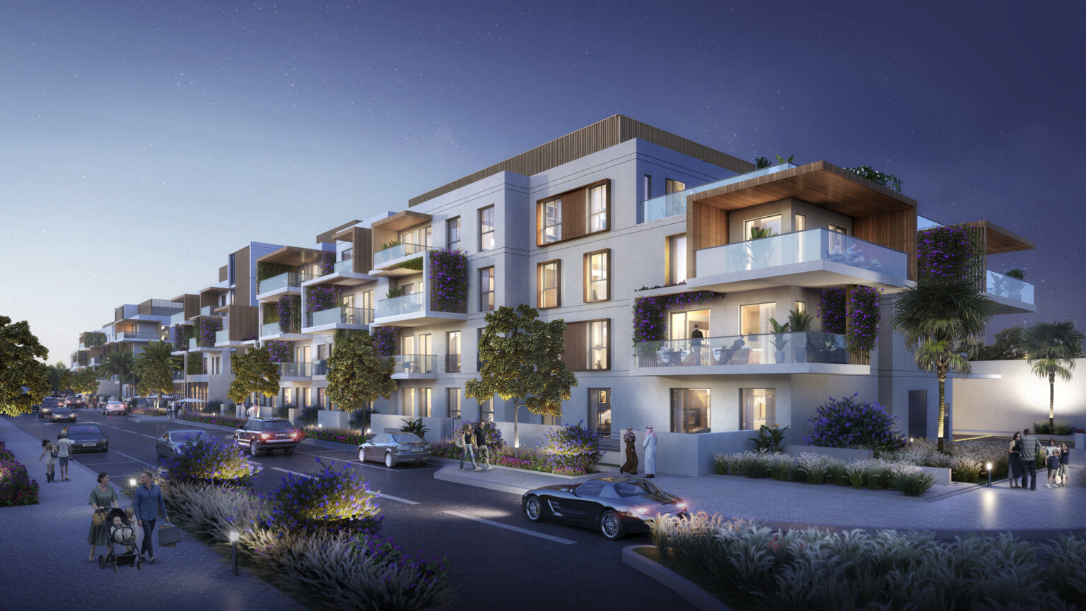 Four story residential white building with light wood accents. Patio balconies with glass railing barrier