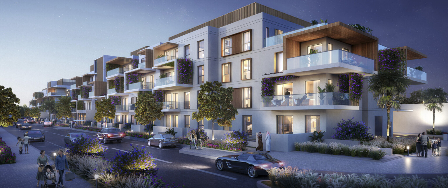 Four story residential white building with light wood accents. Patio balconies with glass railing barrier