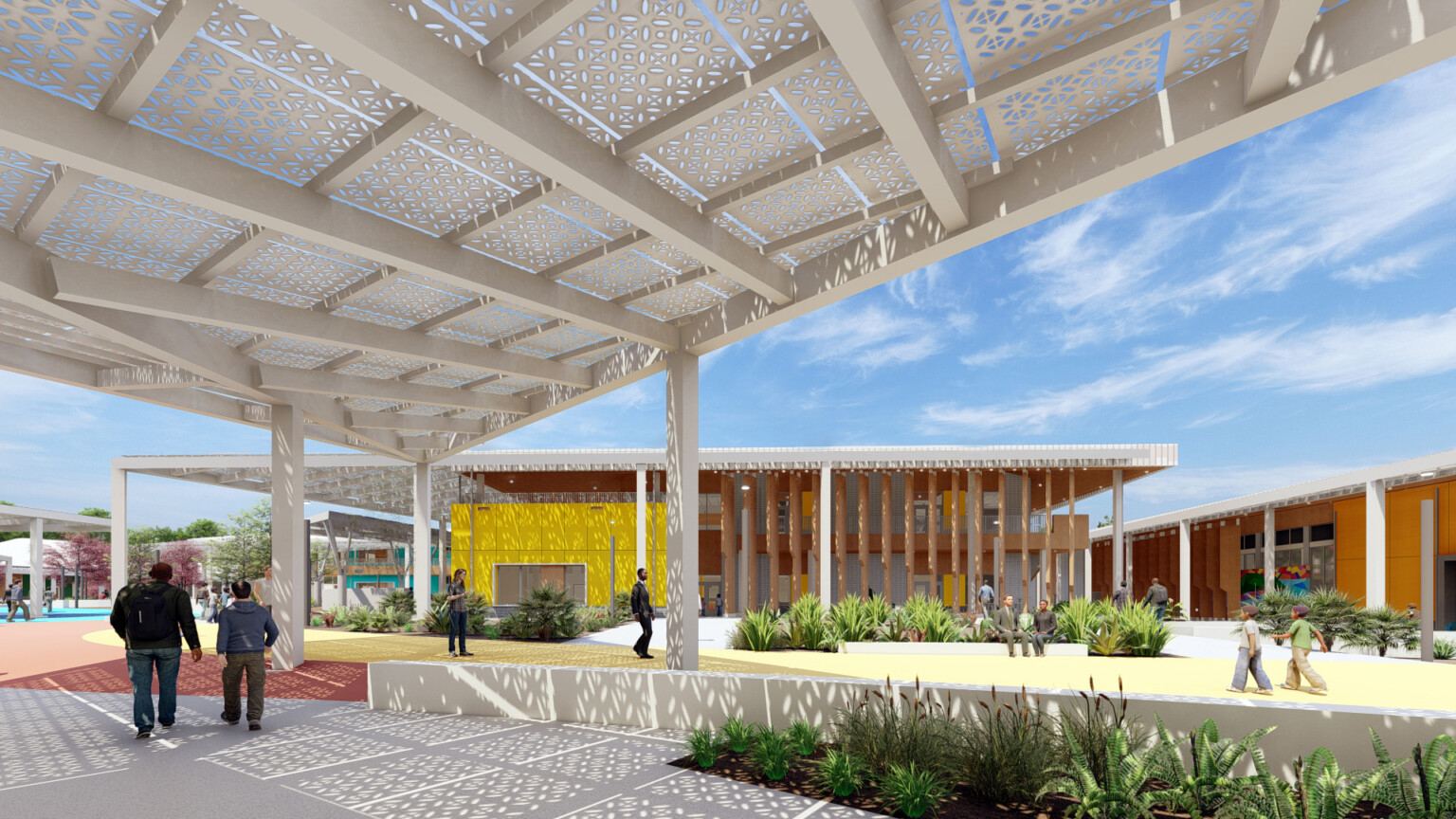 U.S. Virgin Islands Department of Education campus rendering. Courtyard with perforated sun canopies, yellow building opposite