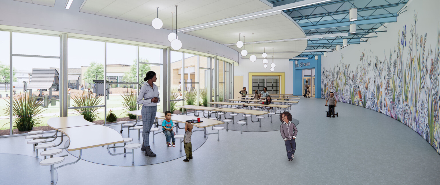 Curved walls in lunch room with mural of plants, floor to ceiling windows look to courtyard. Blue accent walls, globe lights