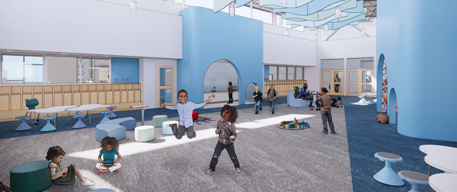 Common area hallway in blue double height learning pod. blue wavy baffles hang from ceiling. Recessed private spaces