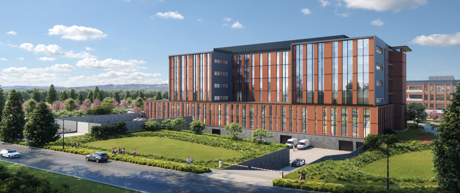 Design concept for Clackamas Courthouse, a large eight-story building in Oregon, red brick façade with vertical window panels create a striped fenestration, green lawn out front 