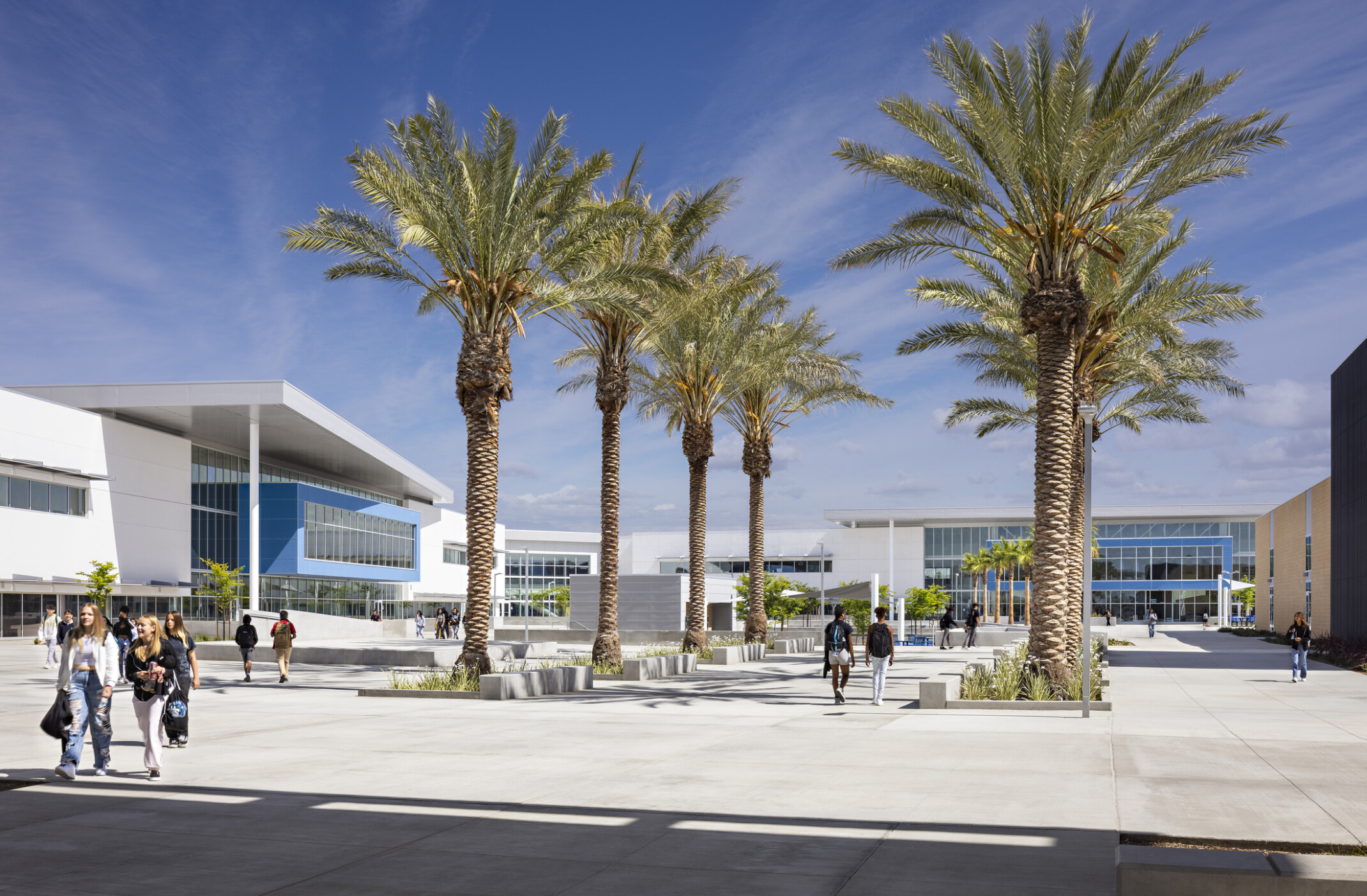 Courtyard front entry to Liberty High School with palm tree lined concrete walkway, building on 3 sides with large windows, blue accents