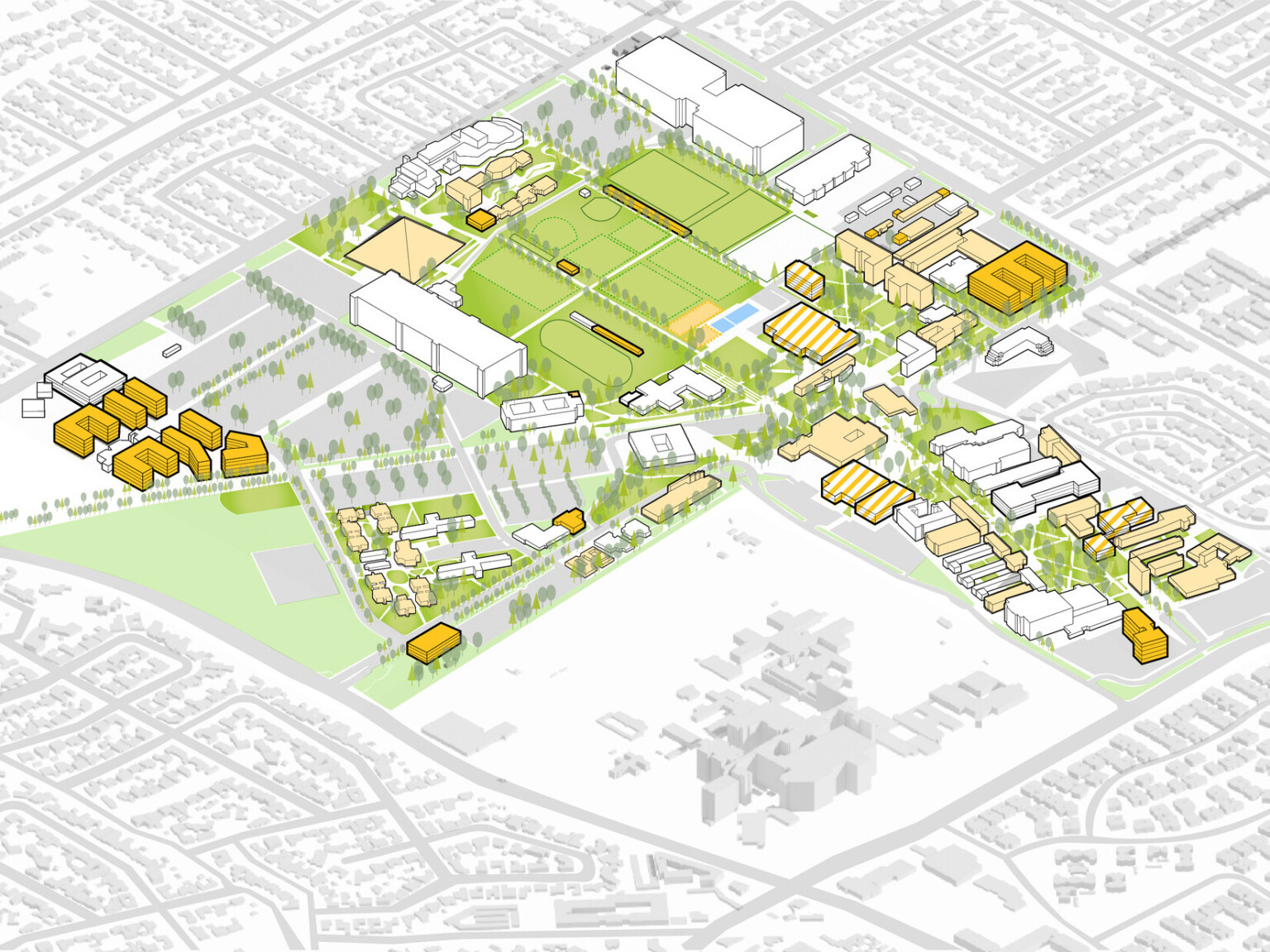 California State University Long Beach, animated aerial map, green space, building models, future planning, campus vision plan, higher education, phased construction, wellness