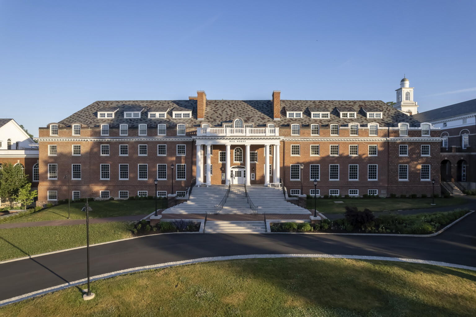 Exterior, Choate Rosemary Hall school's Hill House dormitory, a Georgian Colonial Revival three story brick and white boarding school