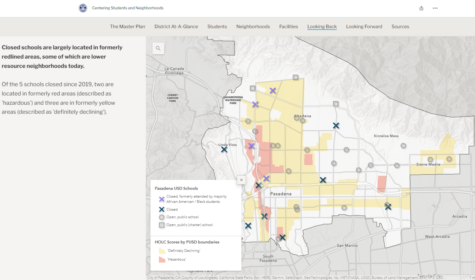 Map showing the relationship between previously redlined areas and economic and educational opportunities today for Pasadena USD