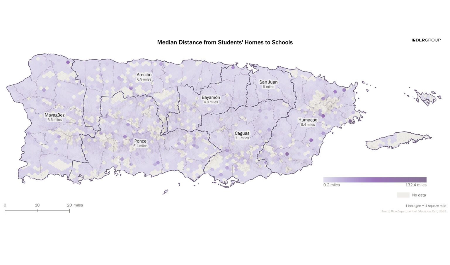 Heatmap of Puerto Rico showing the median distance of students homes to schools