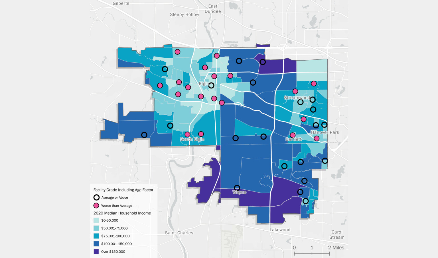 Heatmap of the Elgin Area of median household averages