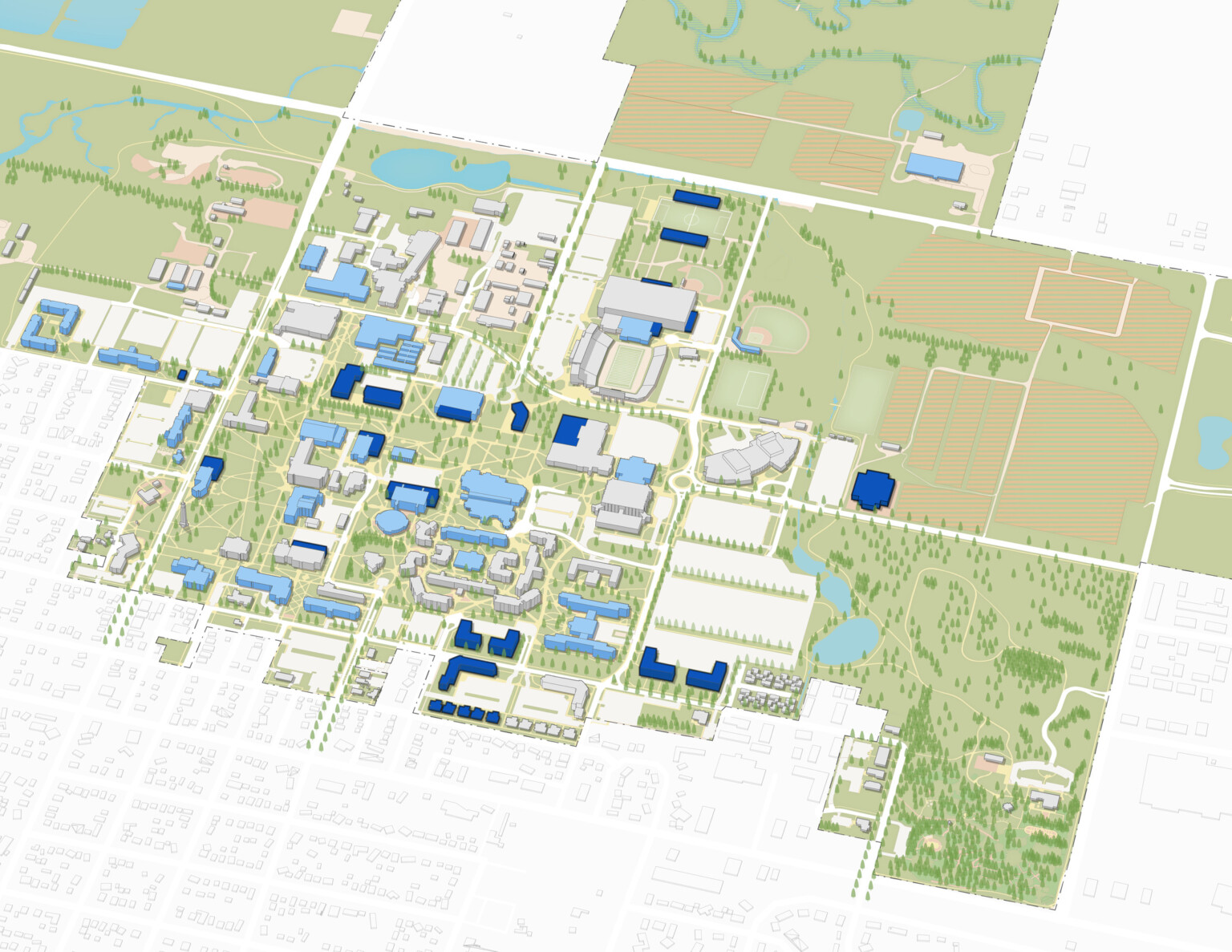 architectural master plan drawing of a college campus with green aerial designations for outdoor space and blue rectangles for buildings