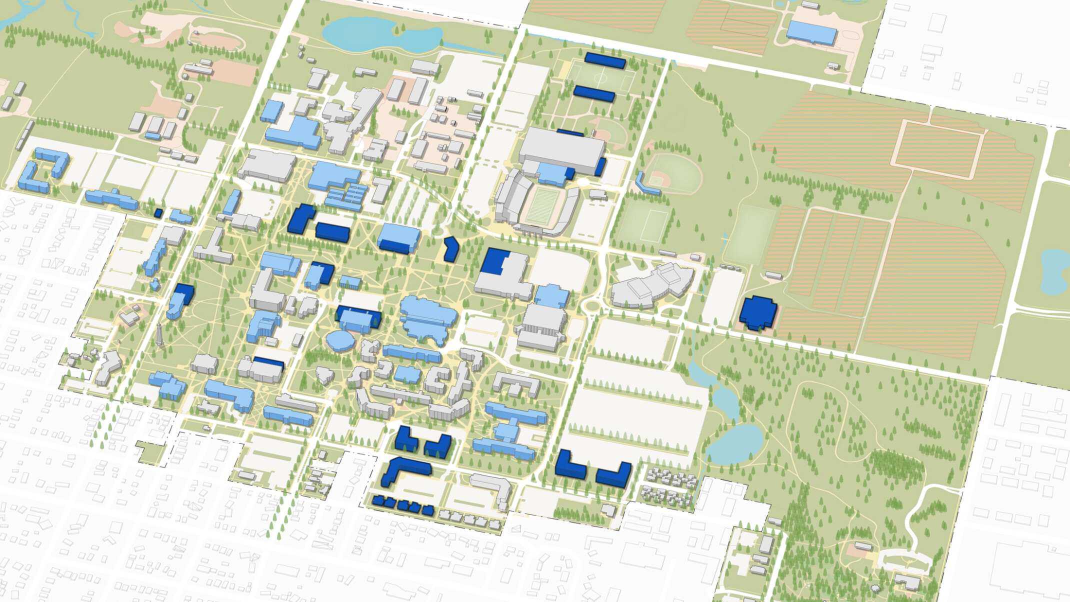 architectural master plan drawing of a college campus with green aerial designations for outdoor space and blue rectangles for buildings