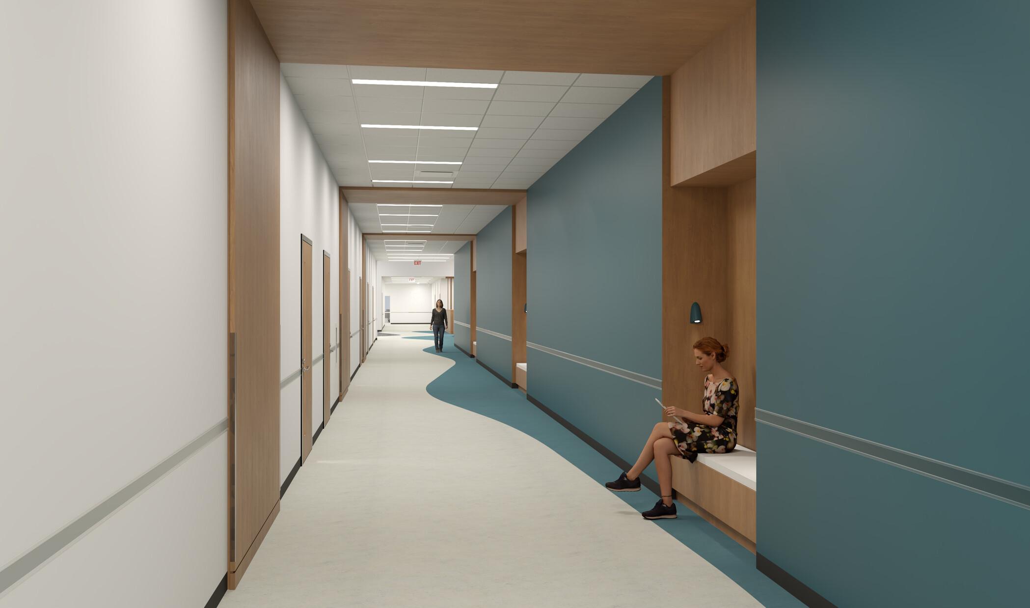 Rendering of a long, wide interior corridor with built-in padded benches set into wood-clad alcoves at intervals along the right side of the wall.