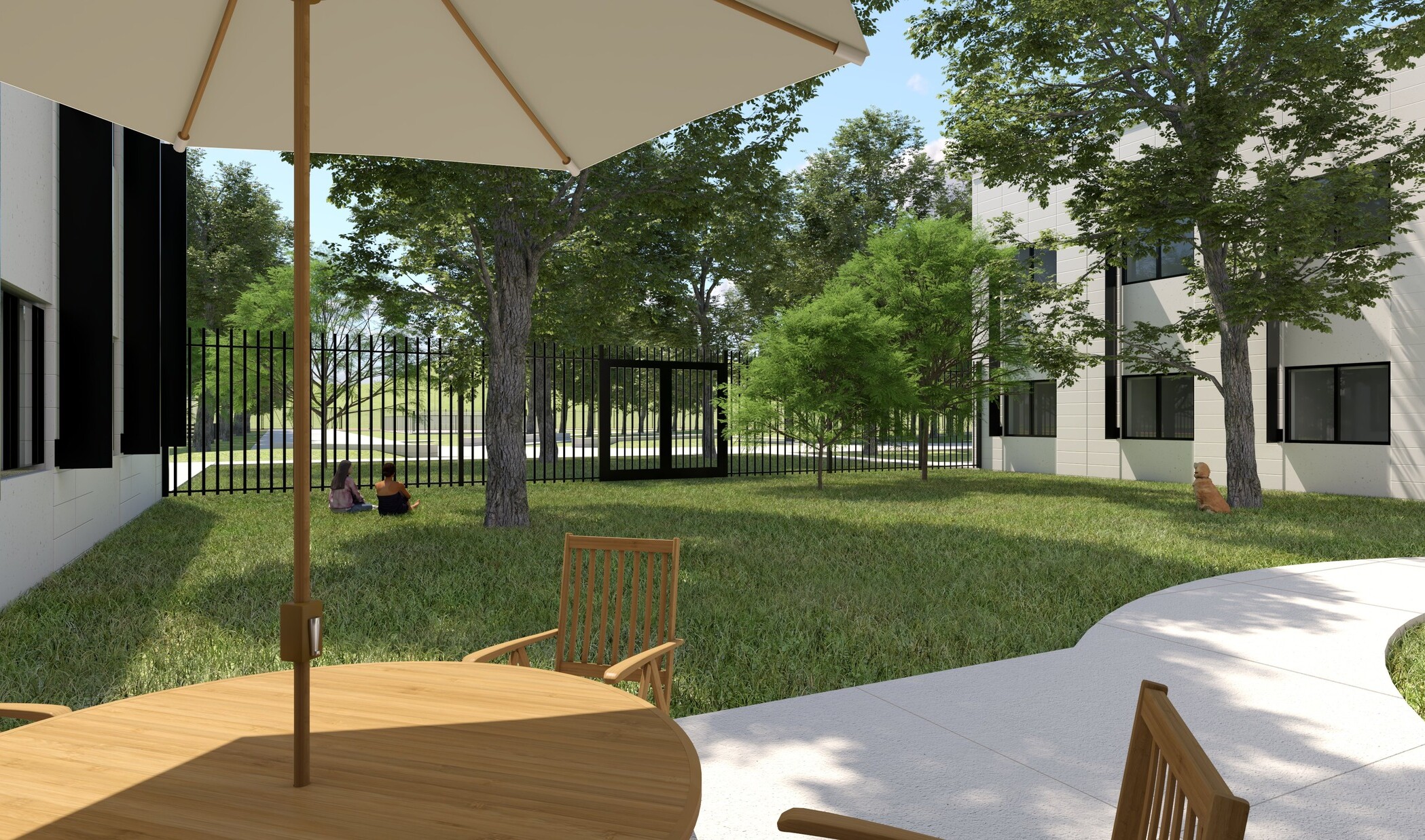 Rendering of an exterior courtyard with grass, paved path, and patio table with umbrella. A wrought-iron fence encloses the space.