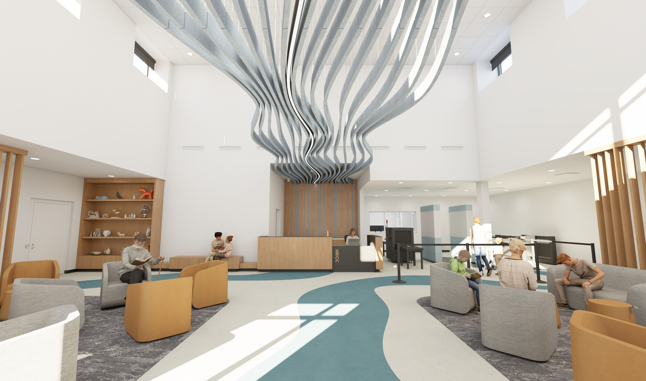 Rendering of a double-height lobby with soft chairs and carpet. Reception desk in the center background sits beneath an abstract sculpture of a river running along the ceiling toward the viewer.