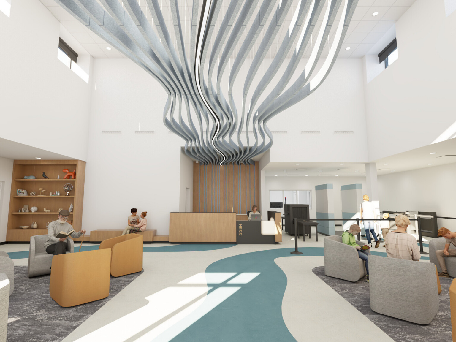 Rendering of a double-height lobby with soft chairs and carpet. Reception desk in the center background sits beneath an abstract sculpture of a river running along the ceiling toward the viewer.