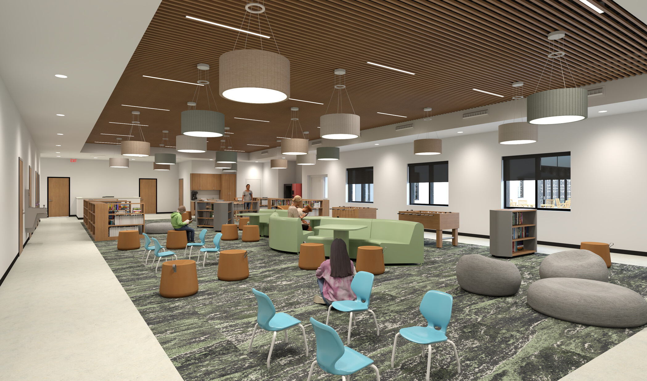 Rendering of a multi-purpose room with windows, soft seating, café tables, and beanbag chairs on the carpet. Low bookshelves and foosball tables on the perimeter.