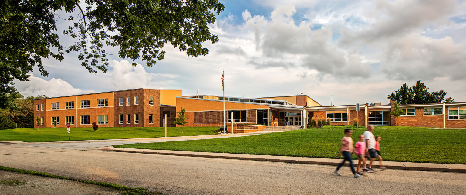 Exterior of brick elementary school with angled roof