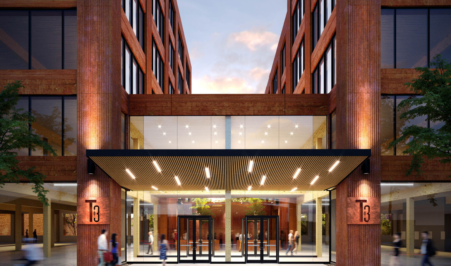 T3 Goose Island Front entrance to mass timber building in Chicago T3 Goose Island Front entrance to mass timber building in Chicago