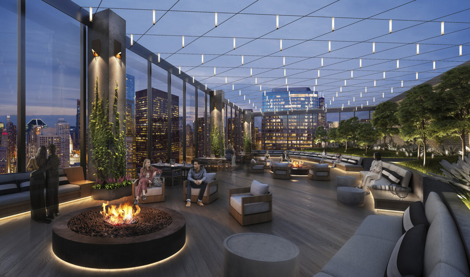 Green roof with stone columns and string lights crossing over large rounded couches, fire pits, and mixed seating. View of city