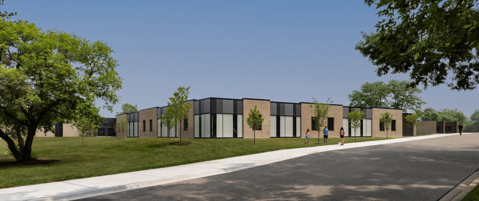 Exterior of middle school campus in Barrington school district. Brick building with black framed windows