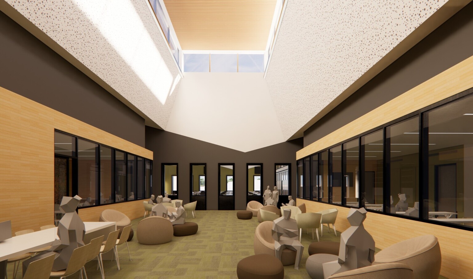 Interior rendering of Lake County Regional Operations & Communications Facility; tall bright ceiling with skylights illuminating the space; neutral browns on interior walls; varied seating with geometric people like renderings sitting throughout the space