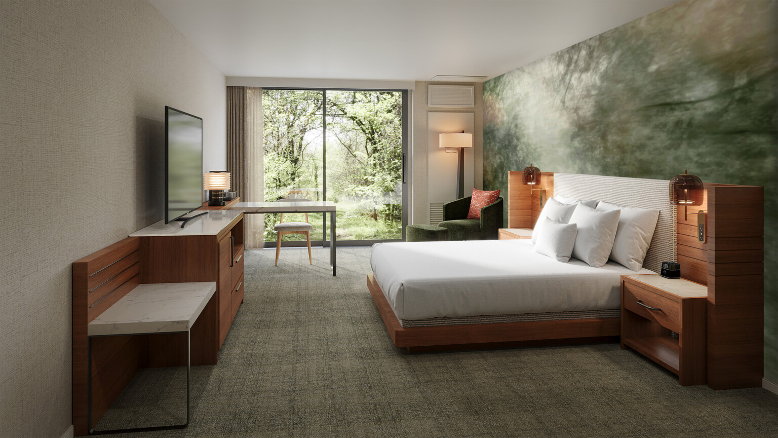 Hotel guestroom with soft green palette, inspired by foliage, at Hyatt Lodge Oak Brook