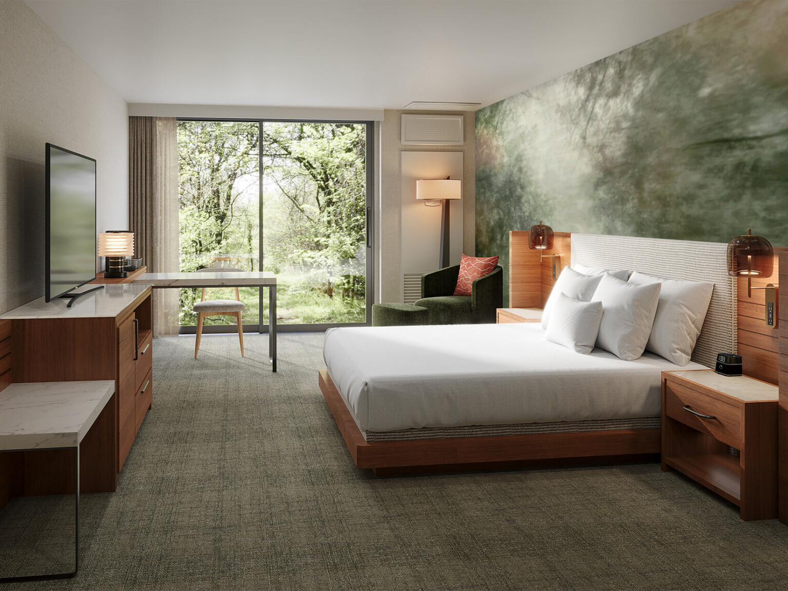 Hotel guestroom with soft green palette, inspired by foliage, at Hyatt Lodge Oak Brook