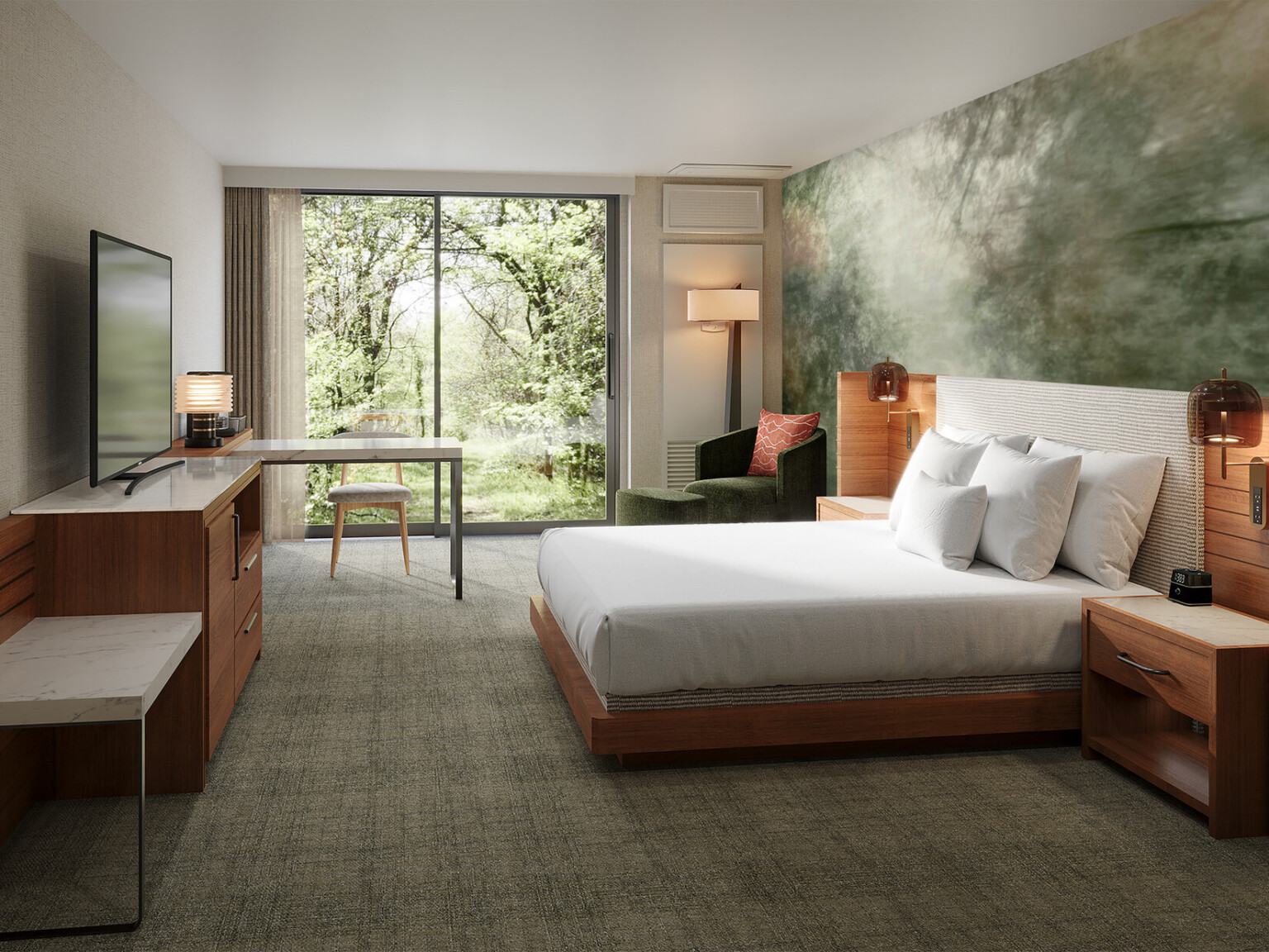 Hotel guestroom with soft green palette, inspired by foliage, at Hyatt Lodge Oak Brook