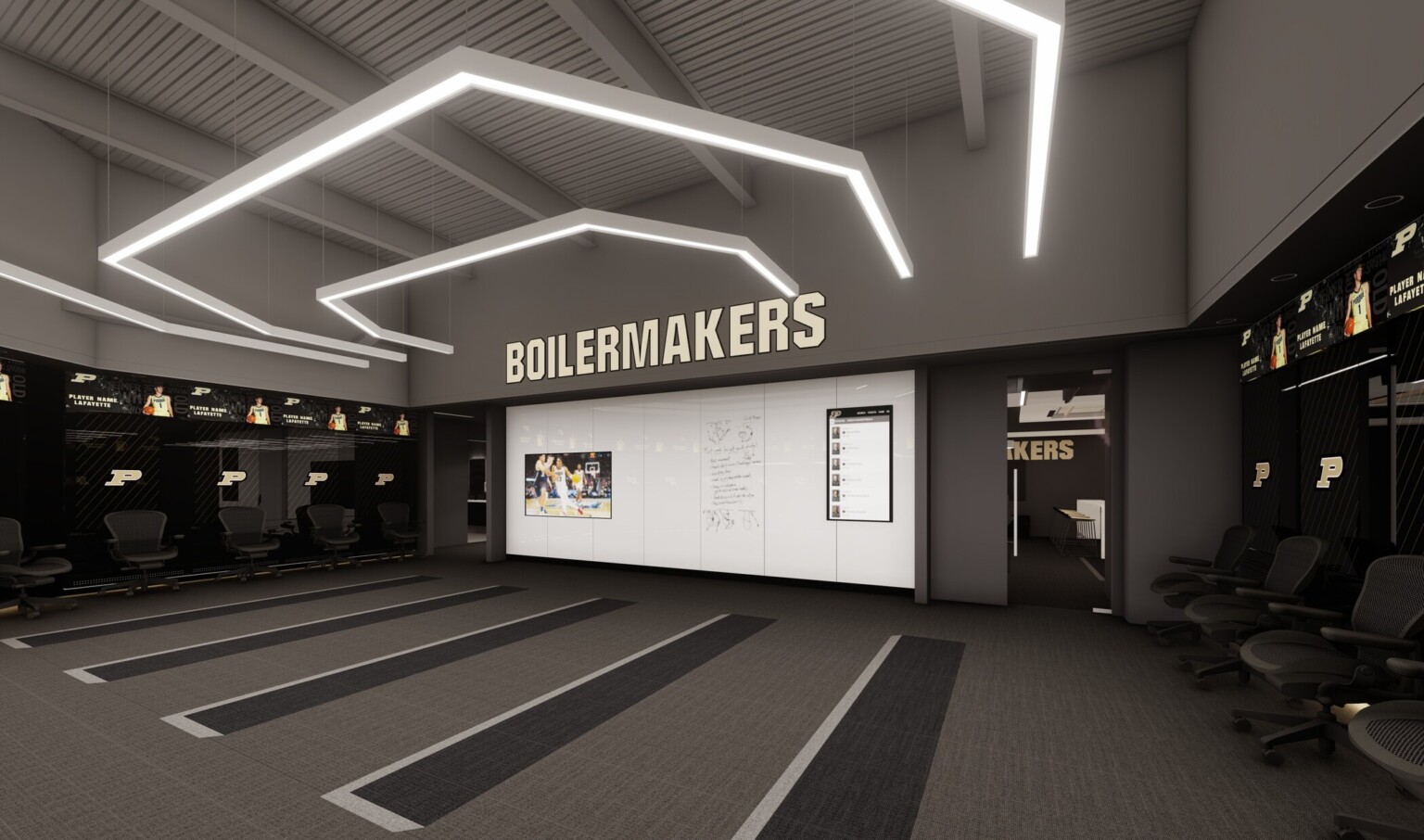 Double height grey locker room with full length white board wall opposite, concentric squared off arch shaped pendant lights hanging