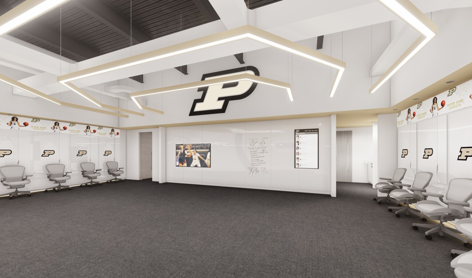 Double height white locker room with full length white board wall opposite, Purdue logo, concentric squared arch shaped pendant lights hanging