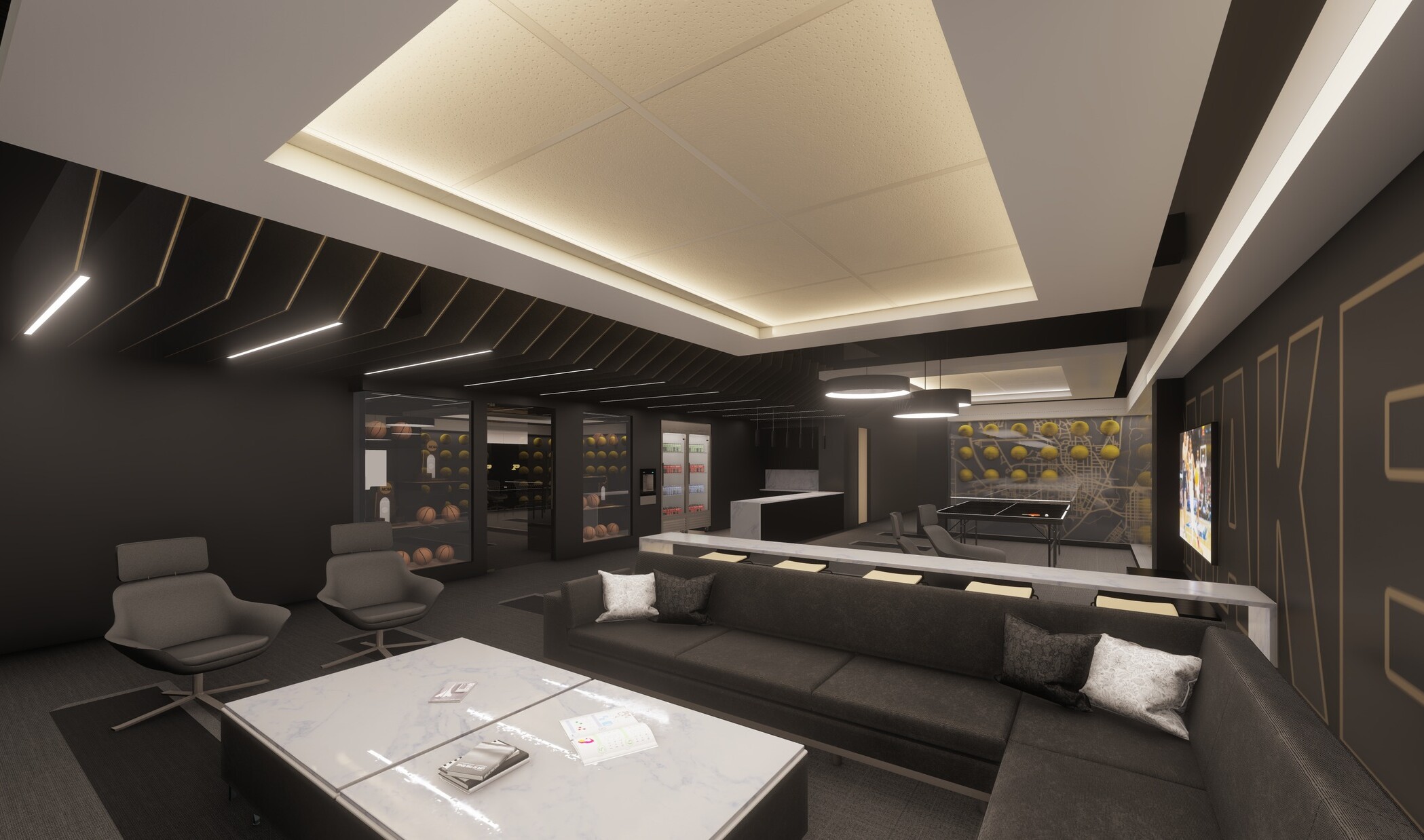 lounge in Purdue University Basketball facility with illuminated recessed ceiling accent over mixed comfortable seating area, basketball rack decorative motif on walls
