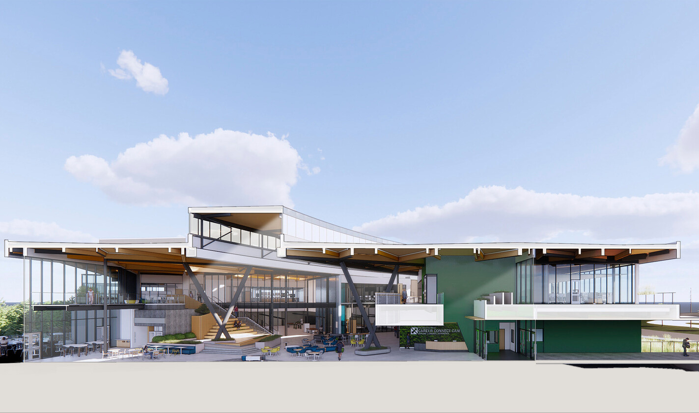 section diagram drawing of a new construction school showing learning spaces, building structure and organization
