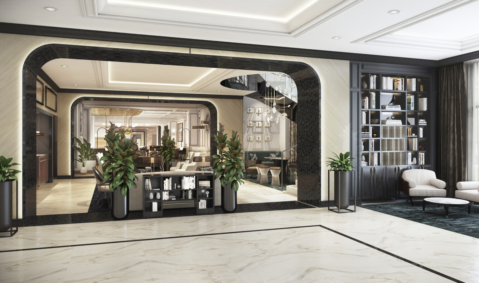 The Vanguard Hotel, Autograph Collection lobby with cream colored rooms divided by wide illuminated archways The Vanguard Hotel, Autograph Collection lobby with cream colored rooms divided by wide illuminated archways
