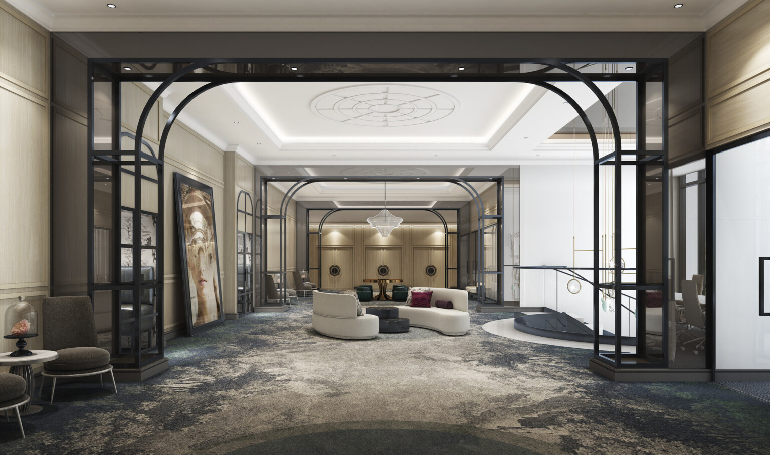 Seating area at the top of a spiral staircase with two rounded couches under molded ceiling. Metal arches separate spaces