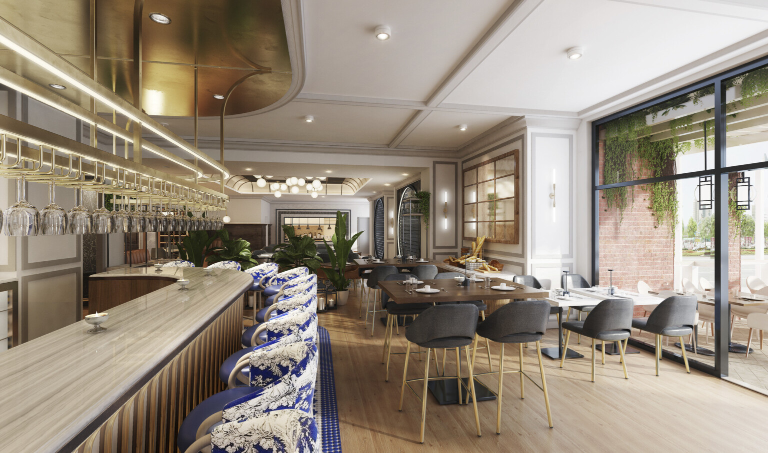 Bar with wood counter and ribbed base and blue patterned stools to the left of dining area with floor to ceiling window