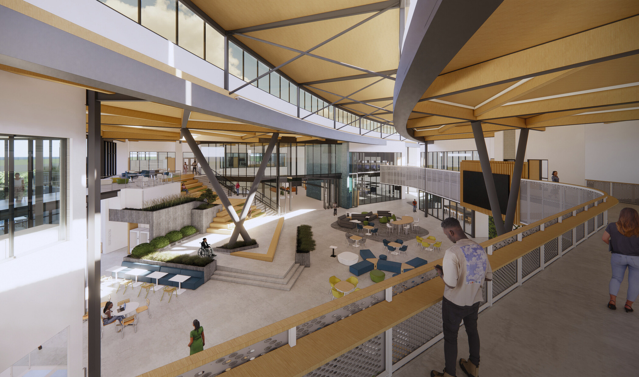 design rendering of KRESA career connect campus; Interior double height lobby space in school. Biophilia elements, plant wall, mixed colorful seating. Mass timber wood, large windows