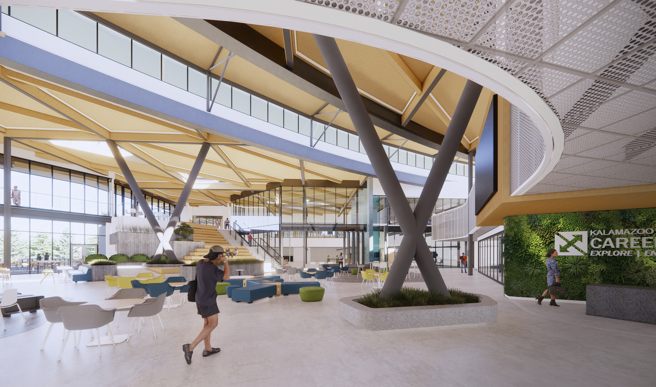 Interior double height lobby space in school. Biophilia elements, plant wall, mixed colorful seating. Mass timber wood, large windows