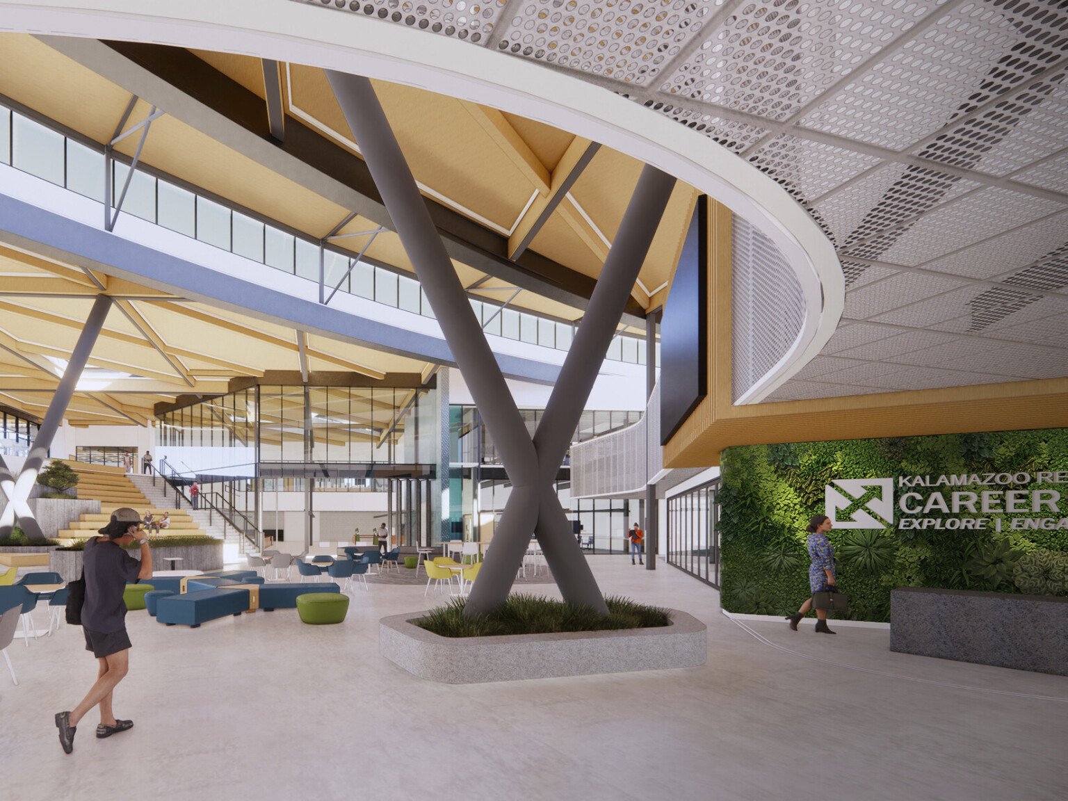 Interior double height lobby space in school. Biophilia elements, plant wall, mixed colorful seating. Mass timber wood, large windows