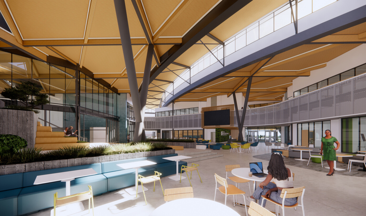 KRESA Career Connect Campus; open student lounge and study space; modern elegance design with tables and work stations KRESA Career Connect Campus; open student lounge and study space; modern elegance design with tables and work stations