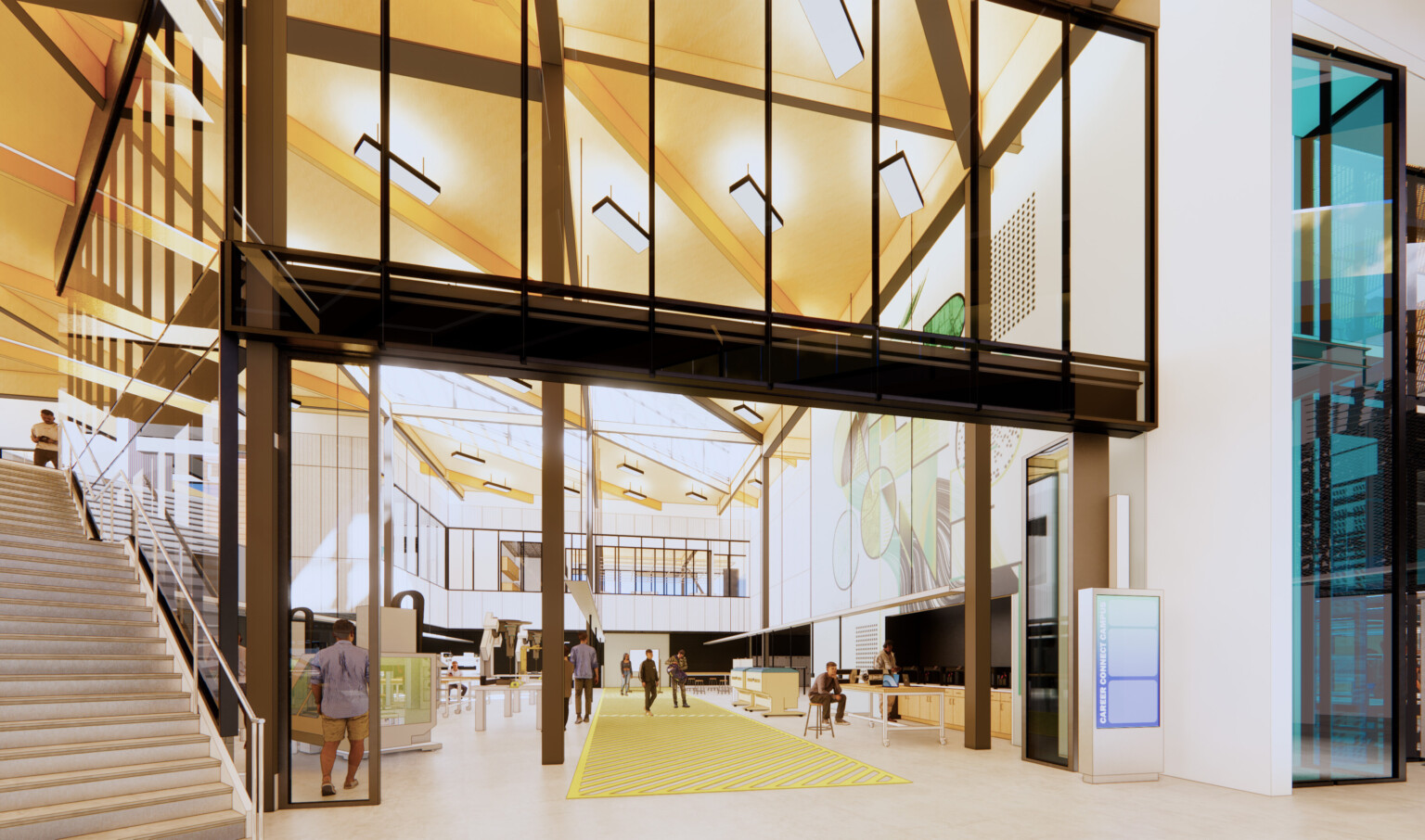 KRESA Career Connect Campus; large open entrance space; exposed mass timber and steel elements; students working and engaging with the space