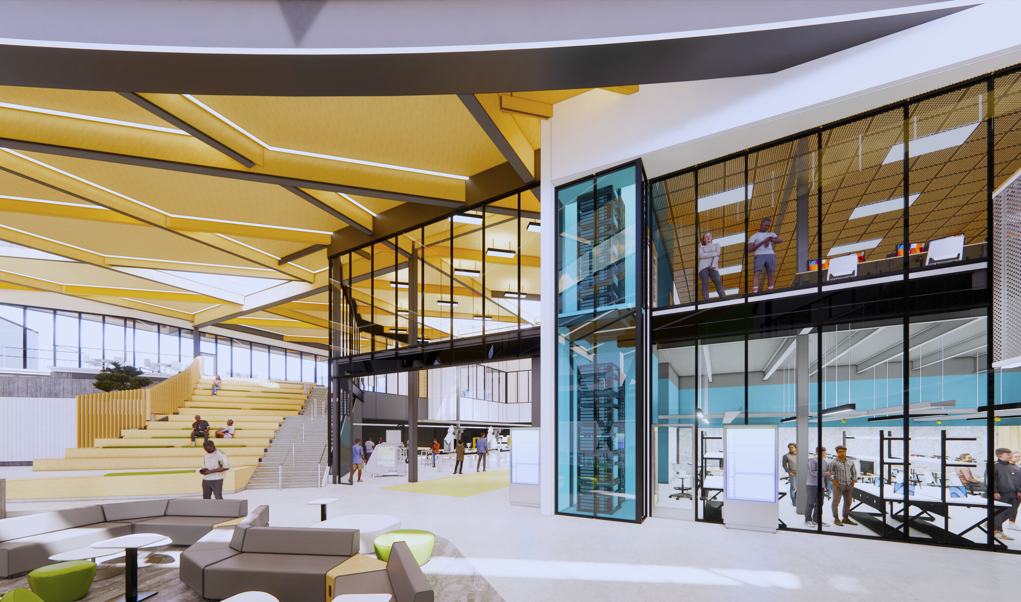 Interior double height lobby space in school. Biophilia elements, plant wall, mixed colorful seating. Mass timber wood, large windows