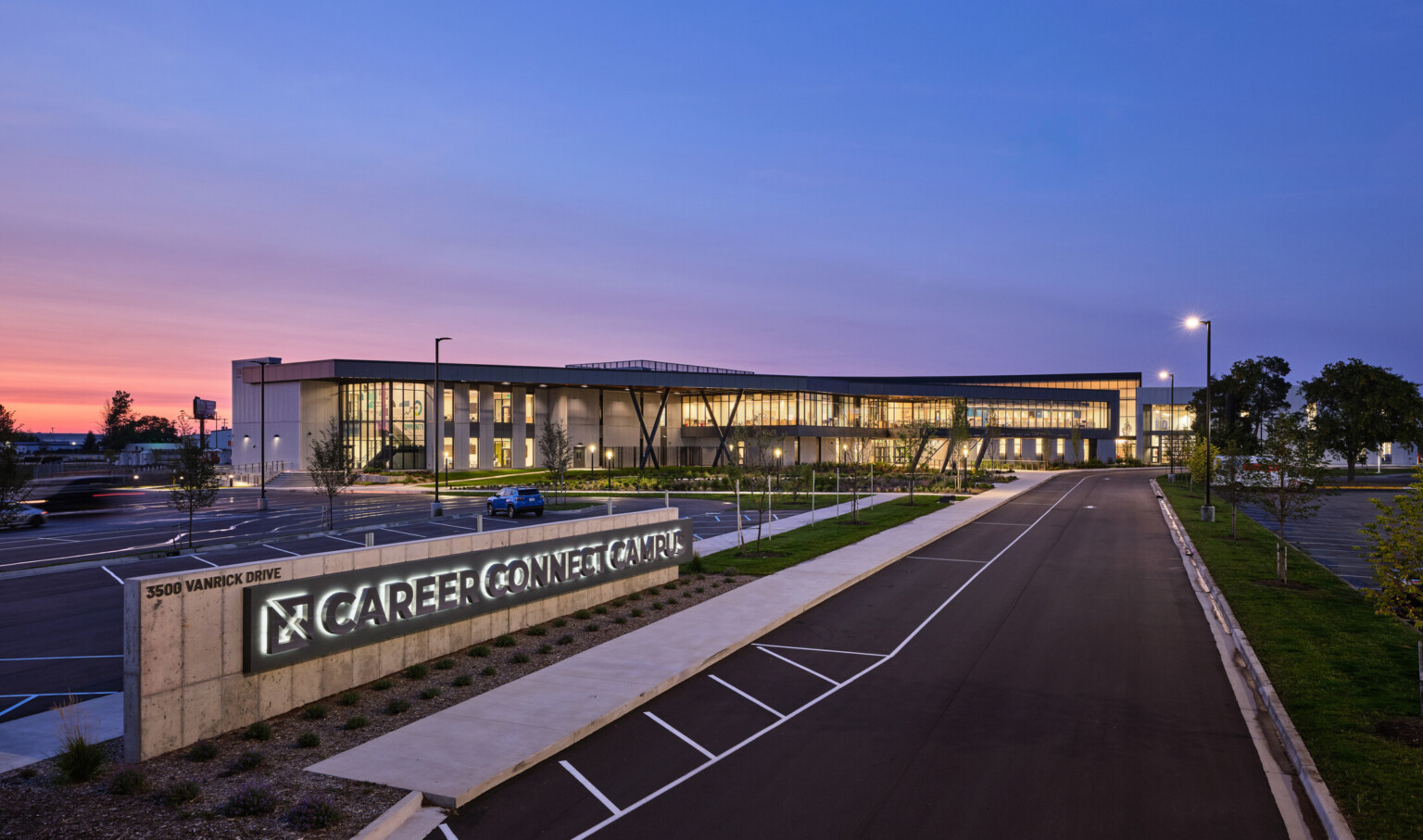 Kalamazoo RESA career technical education building featuring exposed wood structure, natural materials, and biophilic design elements