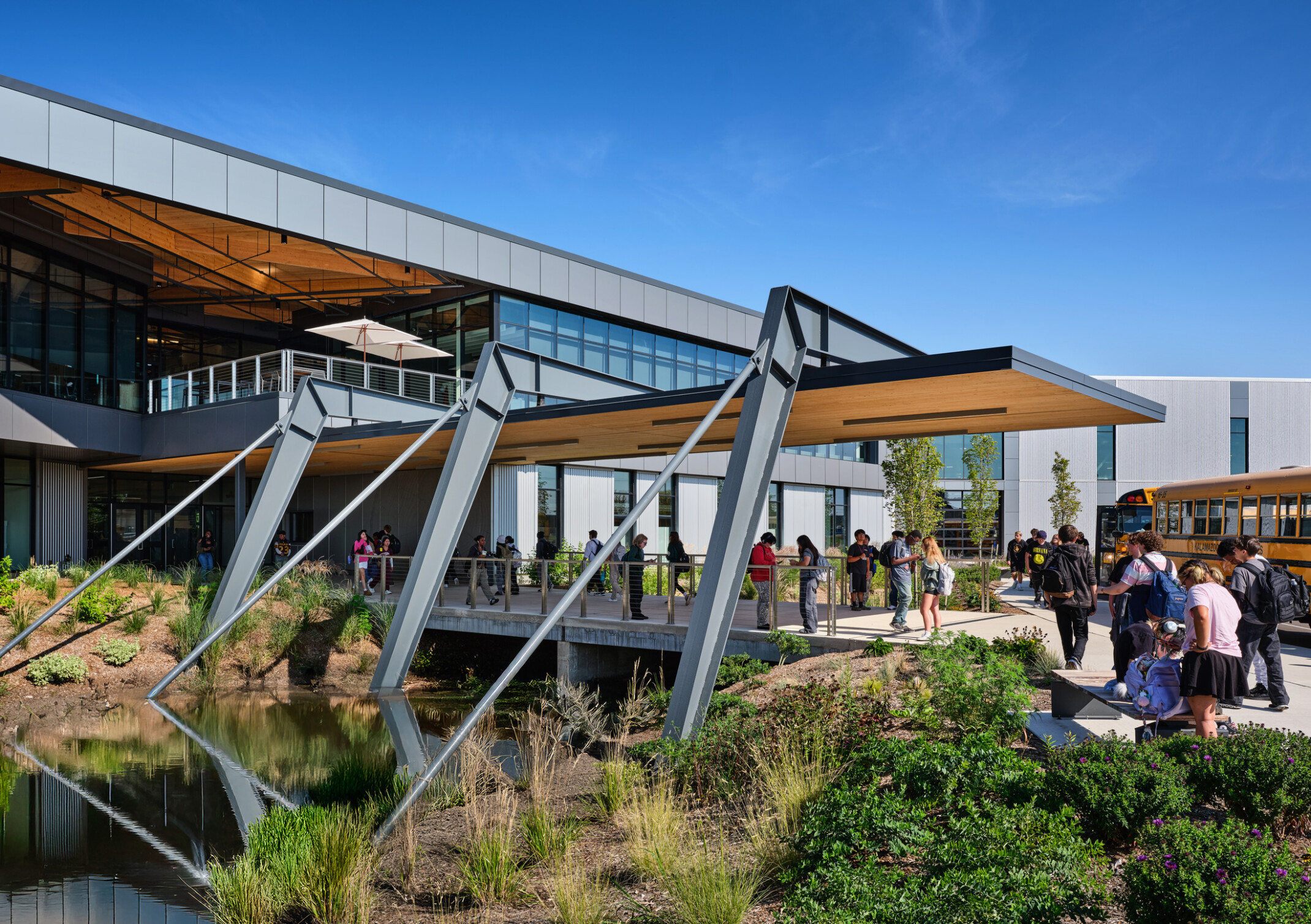 Kalamazoo RESA career technical education building featuring exposed wood structure, natural materials, and biophilic design elements