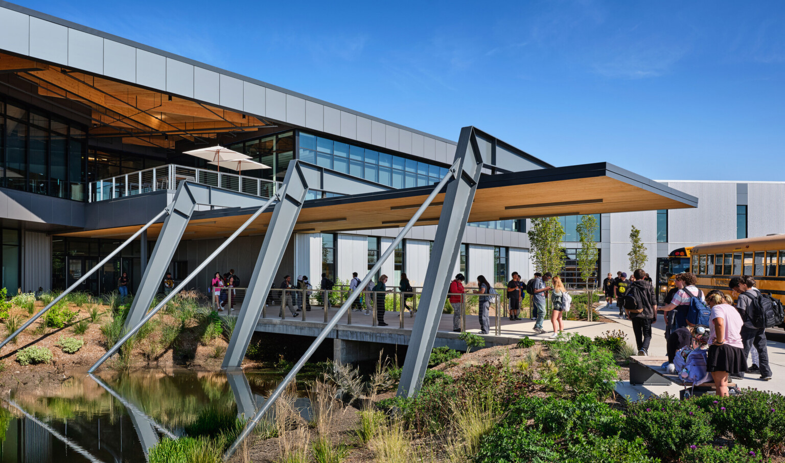 Kalamazoo RESA career technical education building featuring exposed wood structure, natural materials, and biophilic design elements