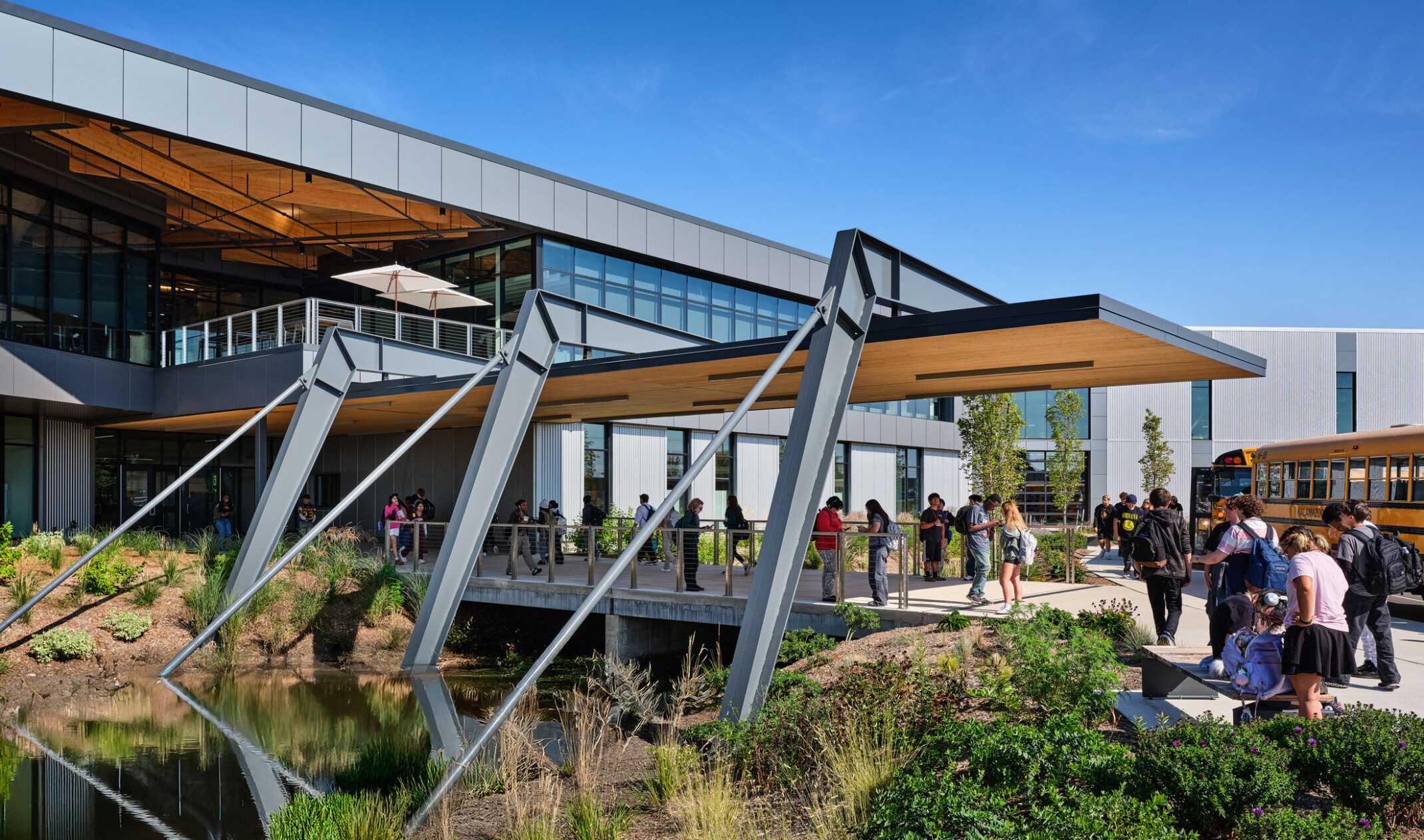 Kalamazoo RESA career technical education building featuring exposed wood structure, natural materials, and biophilic design elements