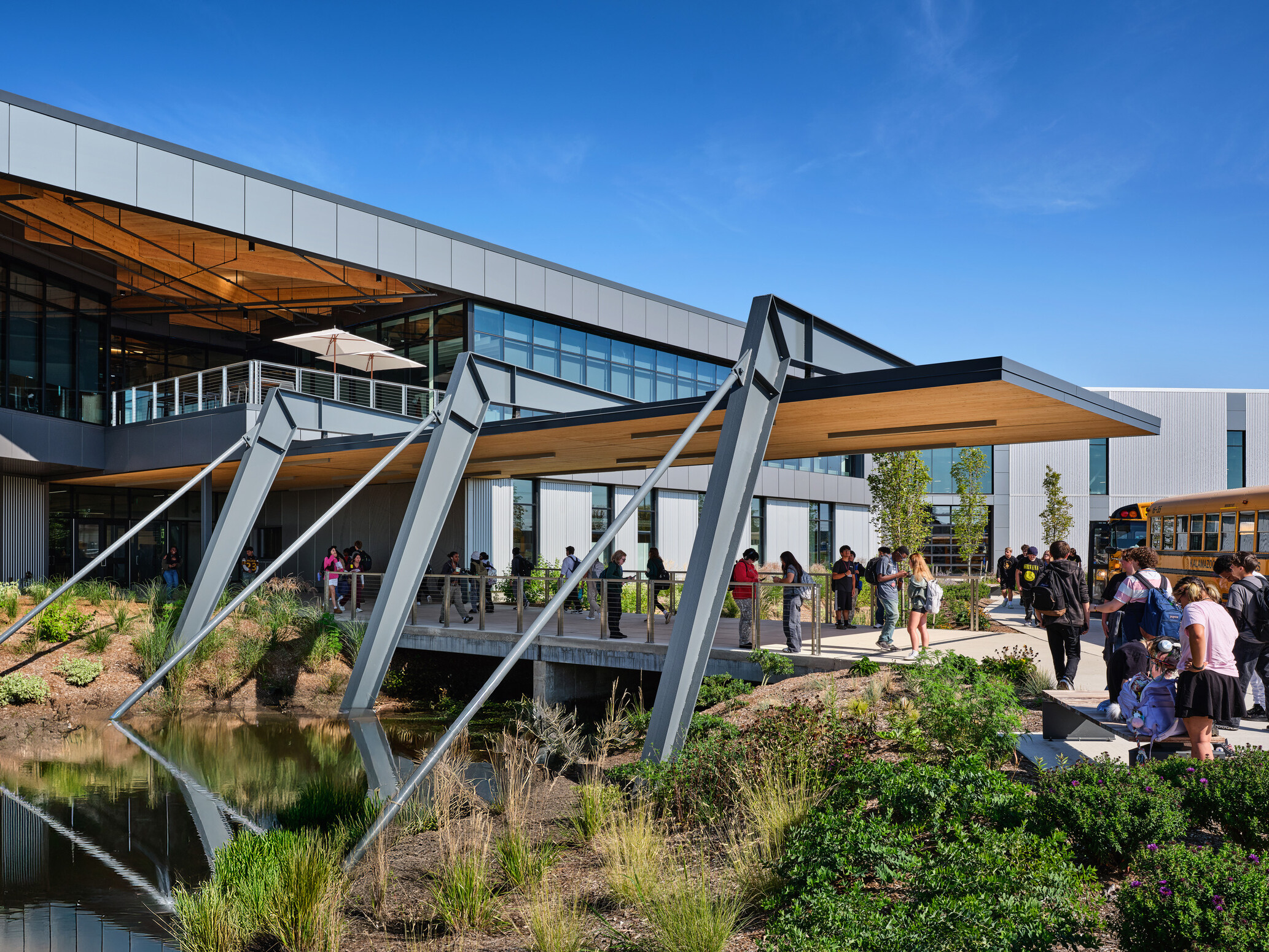 Kalamazoo RESA career technical education building featuring exposed wood structure, natural materials, and biophilic design elements