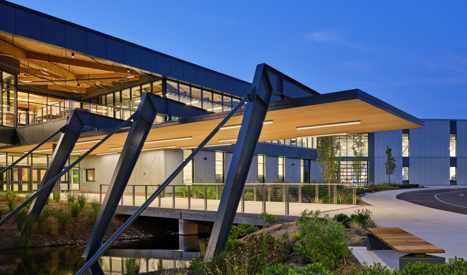 Kalamazoo RESA career technical education building featuring exposed wood structure, natural materials, and biophilic design elements